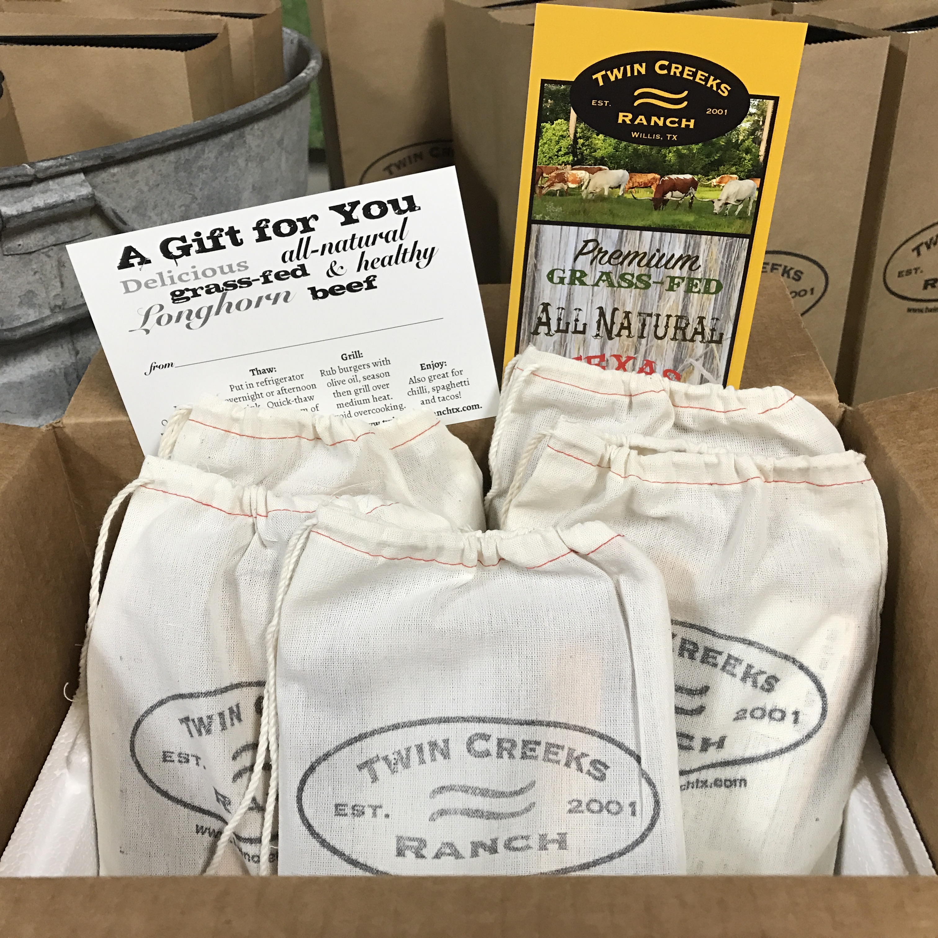Twin Creeks Ranch Grass-fed Beef available in Gift Boxes. Twin Creeks Ranch Grass-fed Beef available in Gift Boxes.